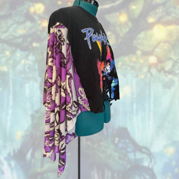 Purple Rain Prince upcycled Cropped poncho top, Stretch Mesh Kimono Sleeves - Picture 3 of 5